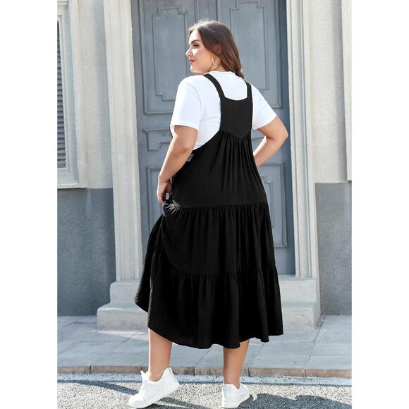 Black Tiered Maxi Dress for Plus Size Women with Pockets & Suspender Straps - Picture 5 of 5